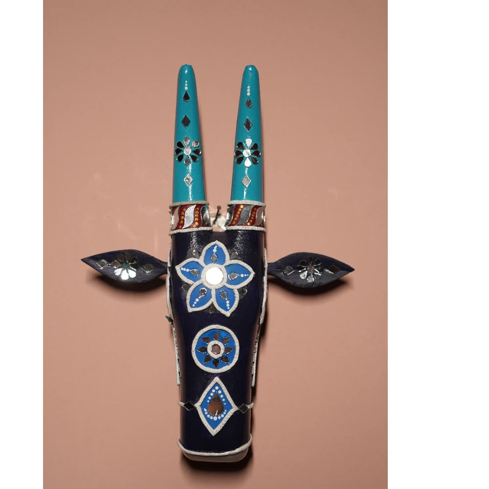 Hand-painted Pattachitra Cow Head Blue Mirror Work - Image 2