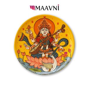 Hand-painted Pattachitra Saraswati Wooden Wall Plate | Maavni