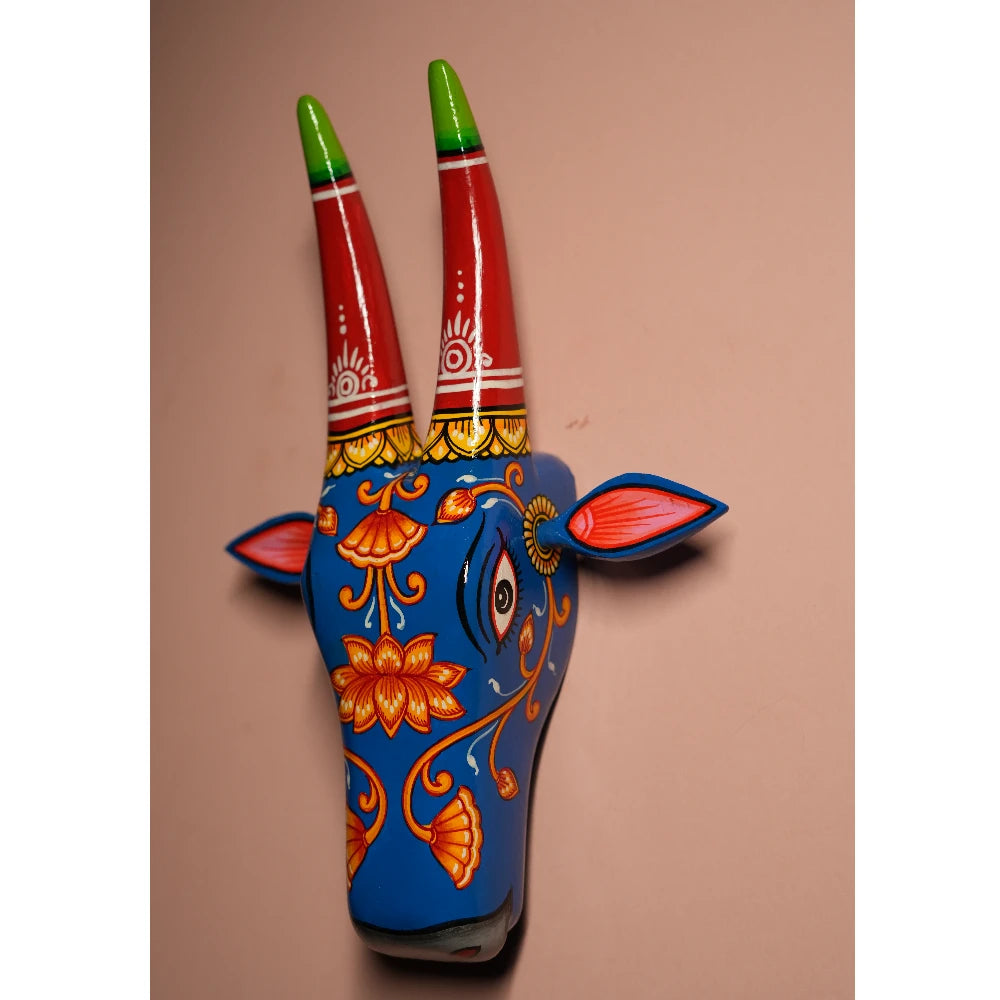 Hand-painted Pattachitra Cow Head Indigo Blue - Image 3