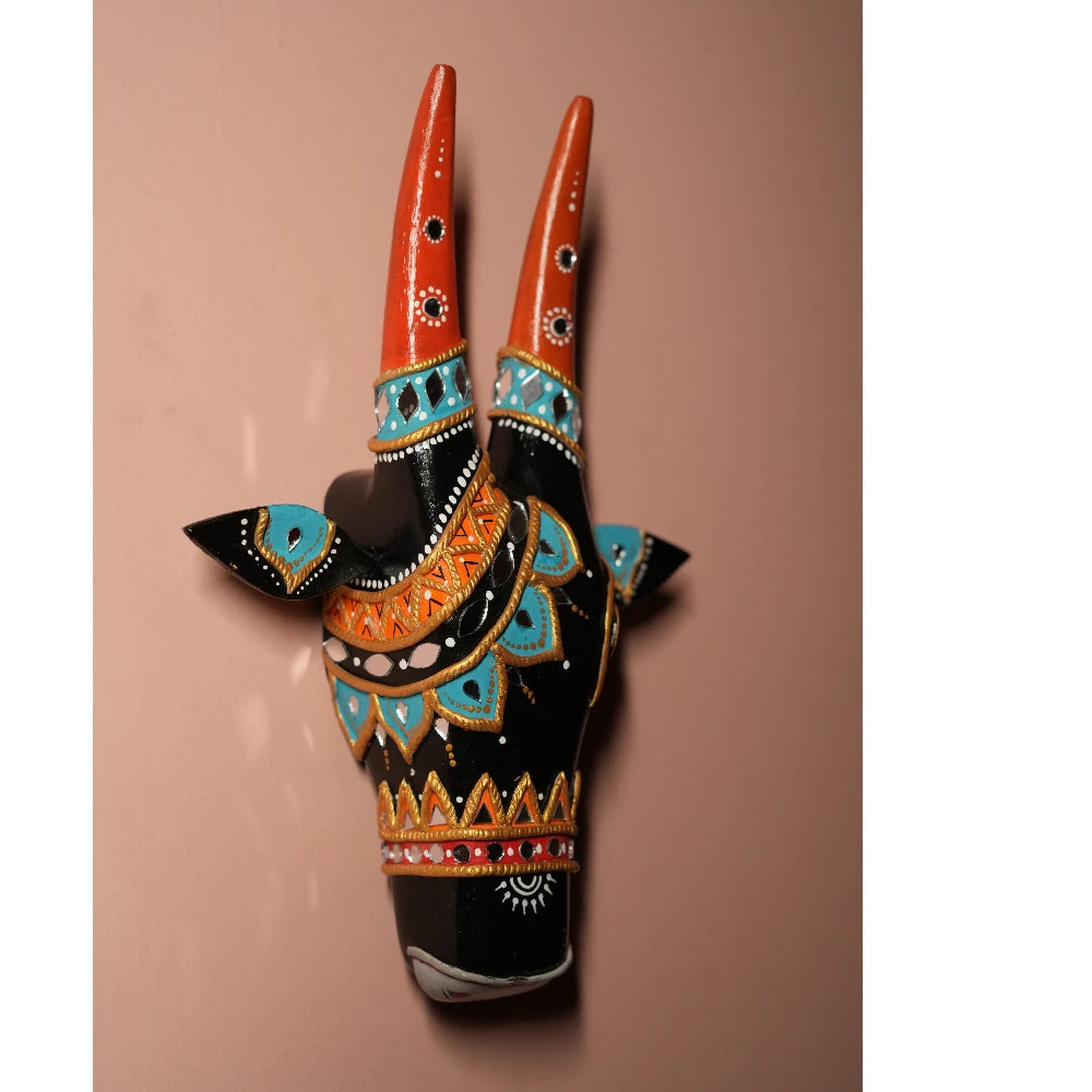 Hand-painted Pattachitra Cow Head Black Mirror work - Image 3