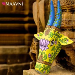 Hand-painted Pattachitra Cow Head Lemon Yellow Lotus Motif