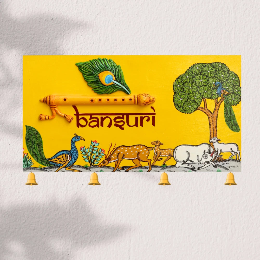 Hand-painted Pattachitra Peacock Feather And Bansuri Name Plate