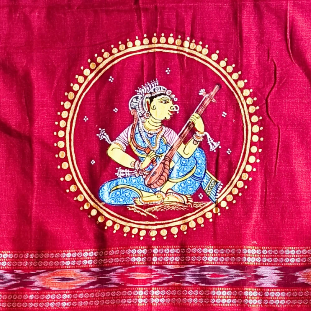 Hand-painted Pattachitra Lady Sitting And Holding Beena With Sitting Blouse - Image 2