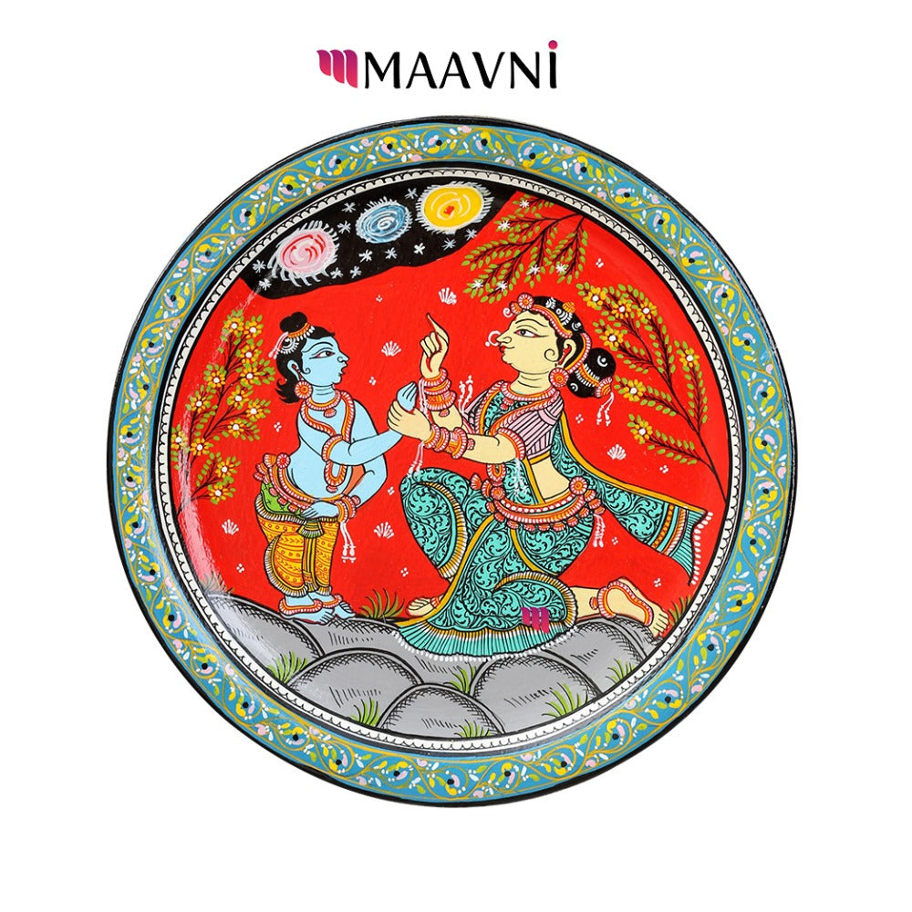 Hand-painted Pattachitra Krishna Yasoda Background Wall Plate | Maavni