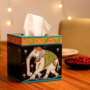Hand-painted Pattachitra Style Black & Orange Square Tissue Box |