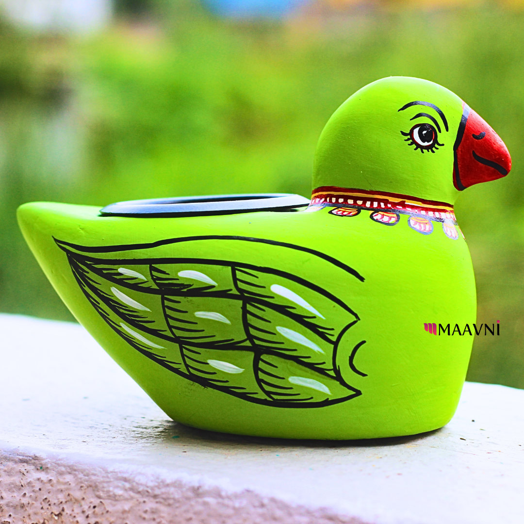 Hand-Painted Paper Mache Green Parrot T-Light Holder - Image 2