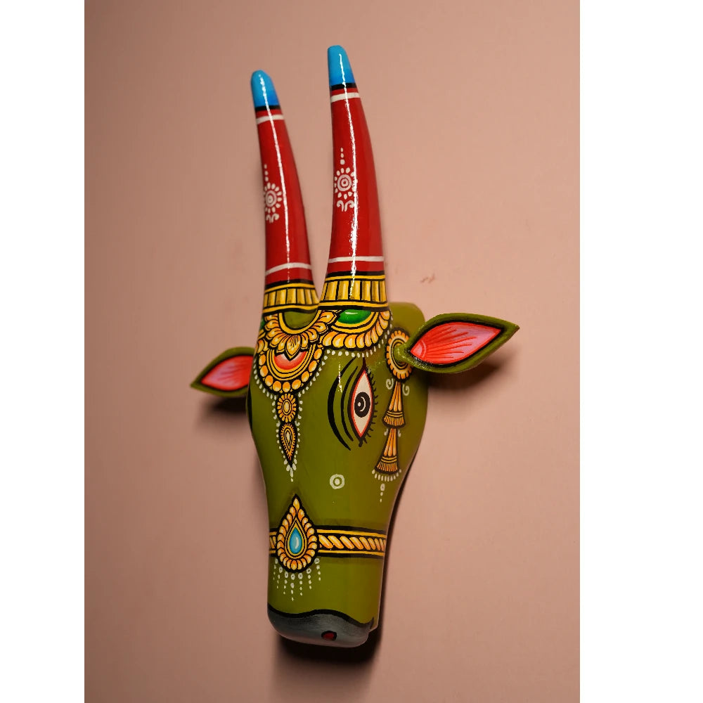 Hand-painted Pattachitra Cow Head Mehandi Green - Image 3