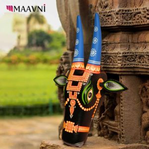 Hand-painted Pattachitra Cow Head border motif black and blue