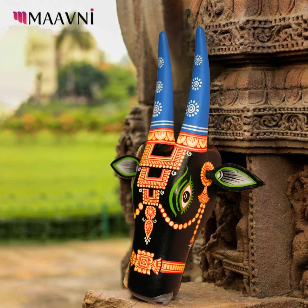 Hand-painted Pattachitra Cow Head border motif black and blue