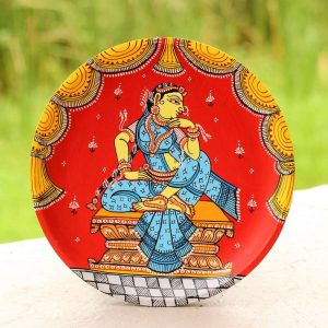 Hand-painted Pattachitra Lady Sitting Hand On Chin Wall Plate | Maavni