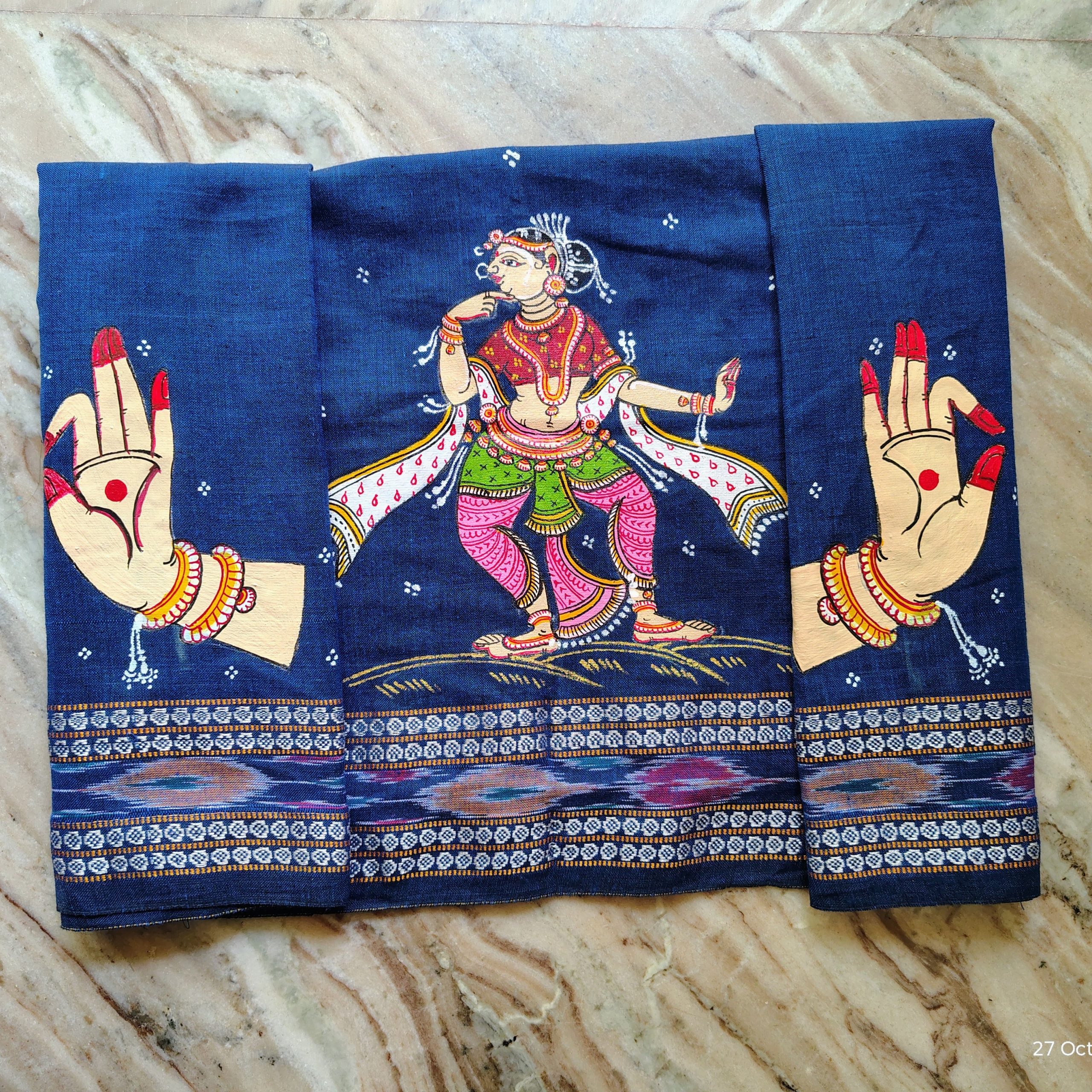 Blue Handloom Blouse Piece with Classical Dance Motif - Image 2