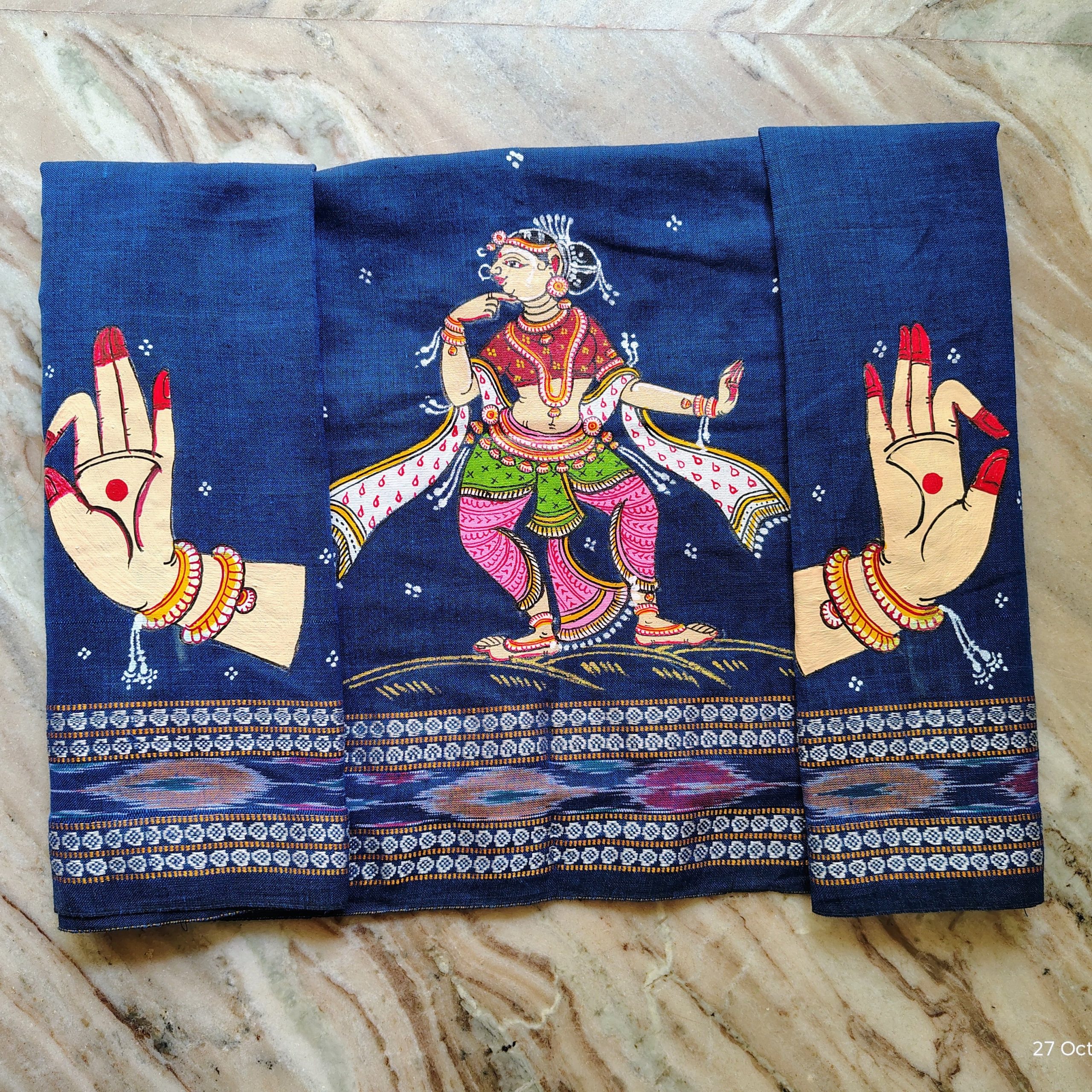 Blue Handloom Blouse Piece with Classical Dance Motif - Image 3
