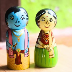Hand-painted Pattachitra Radha Krishna Wooden Doll Festive Decor | Maavni