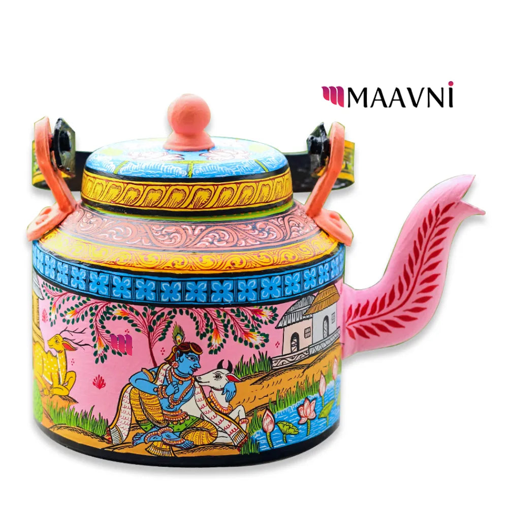 Hand-painted Pattachitra Krishna Leela Theme Kettle | Maavni - Image 2
