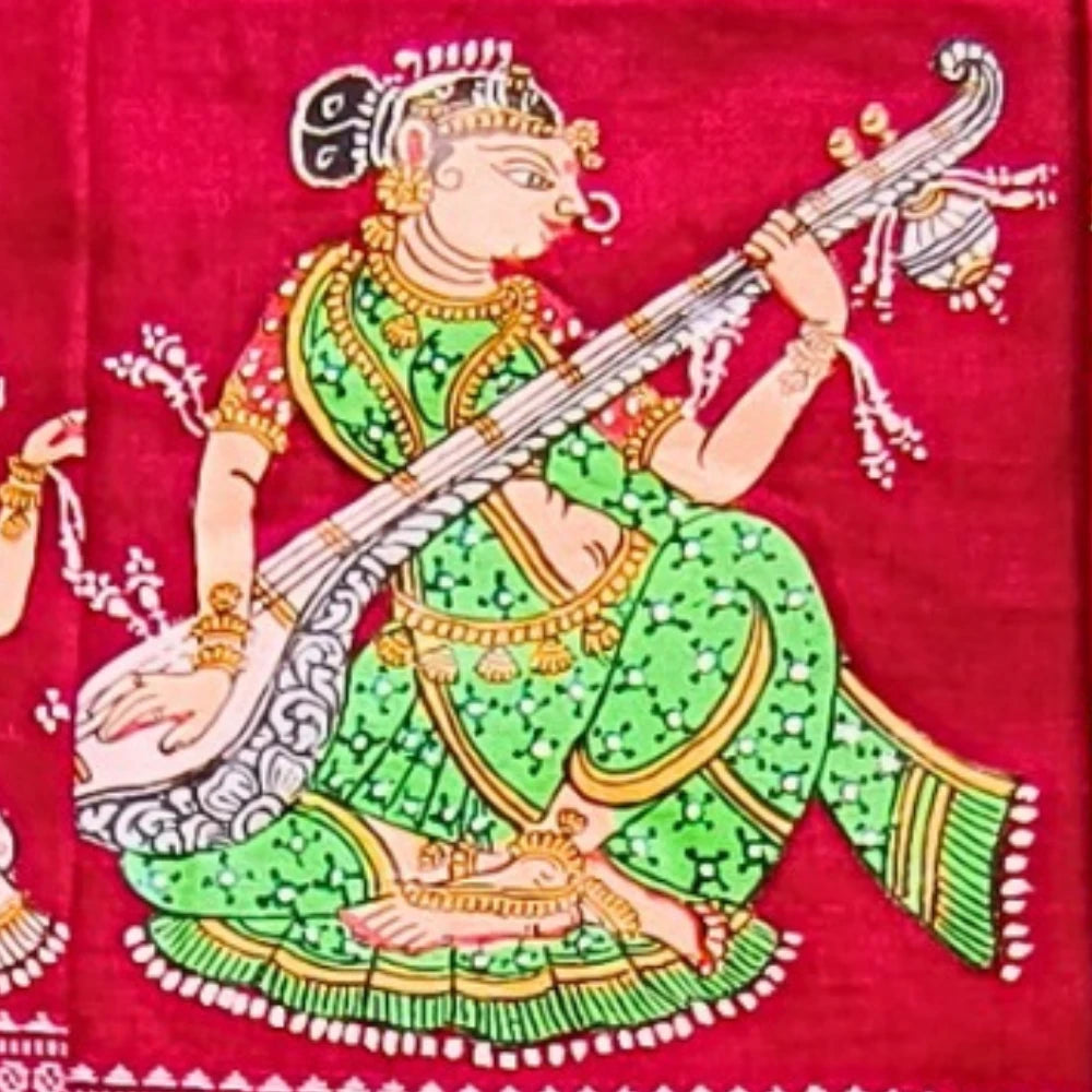 Hand-painted Pattachitra Lady Sitting And Holding Veena With Sitting - Image 2