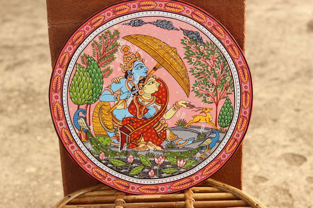 Hand-painted Pattachitra Radha Krihsna Love In Rainy Season Wall