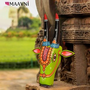 Hand-painted Pattachitra Cow Head Parrot Green