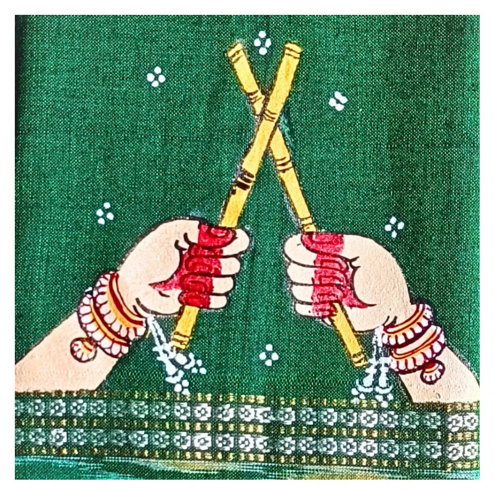 Hand-painted Pattachitra Blouse Piece – Dandiya Raas Theme with Sleeve Detailing - Image 3