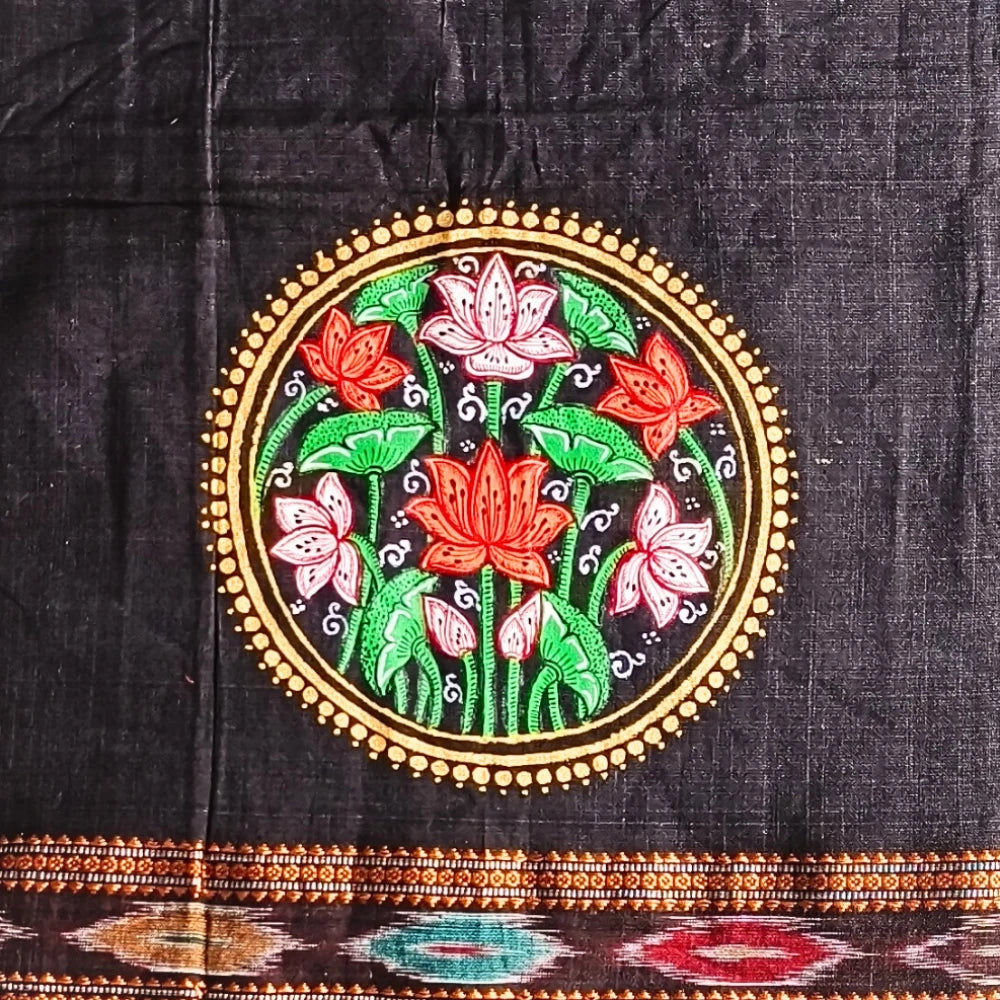 Hand-painted Pattachitra Lotus Theme With Lotus On Sleeves Blouse - Image 2
