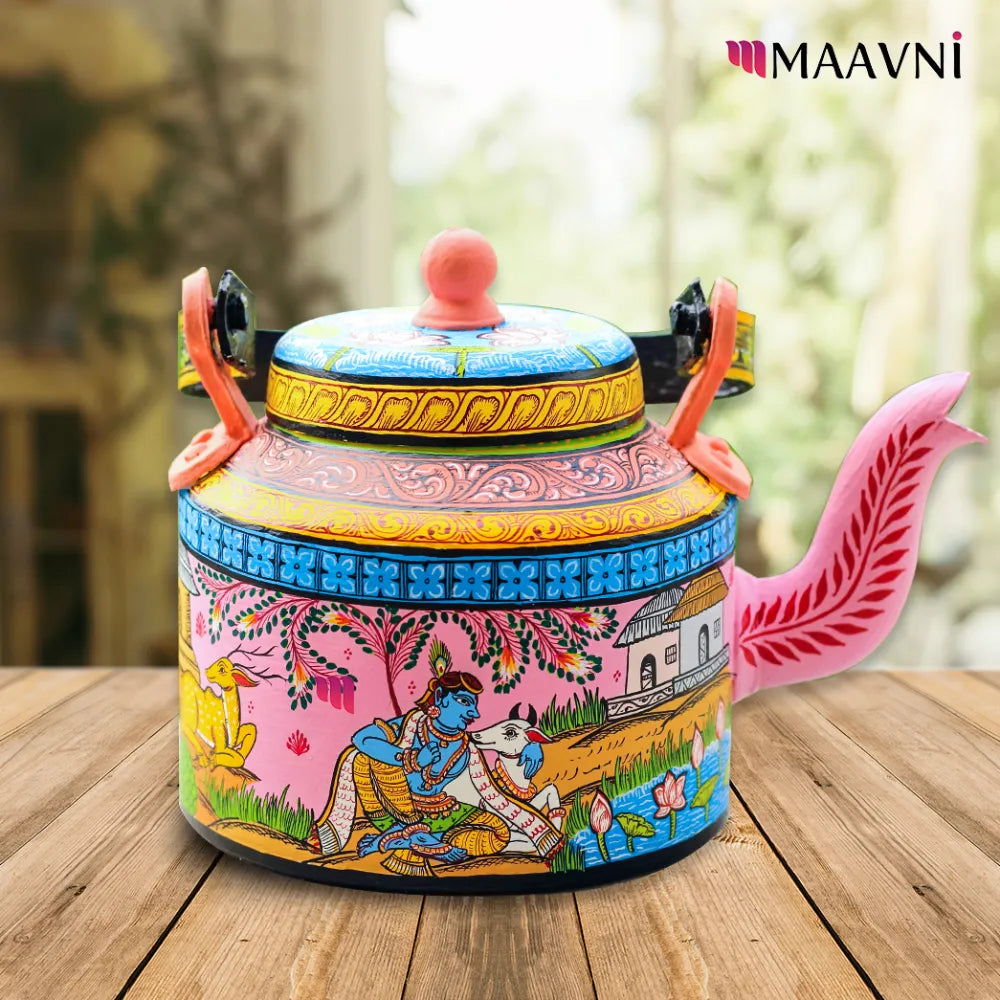 Hand-painted Pattachitra Krishna Leela Theme Kettle | Maavni