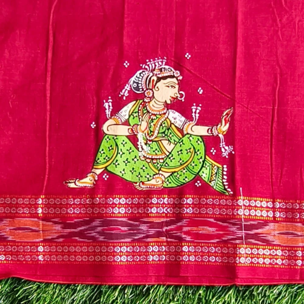 Hand-painted Pattachitra Lady Sitting And Holding Beena With Sitting Blouse - Image 3