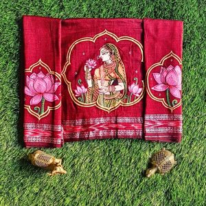Hand-painted Pattachitra Maharani Holding Lotus With Lotus On Sleeves