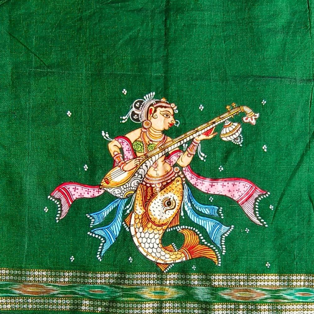 Hand-painted Pattachitra Blouse Piece – Matsya Kanya with Veena and Fish Motifs - Image 2