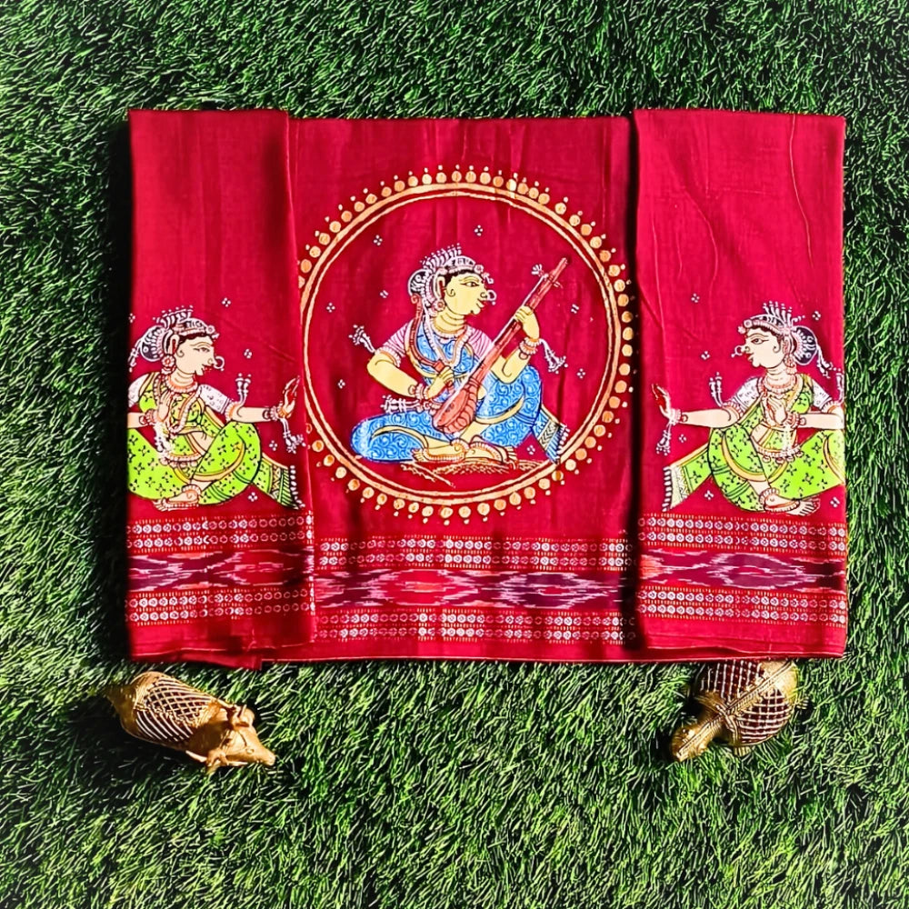 Hand-painted Pattachitra Lady Sitting And Holding Beena With Sitting Blouse