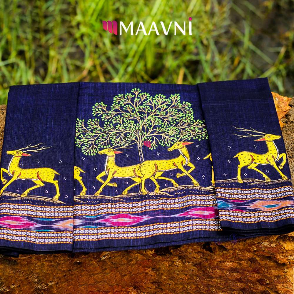 Hand-painted Pattachitra Blouse Piece – Deers in Jungle Theme