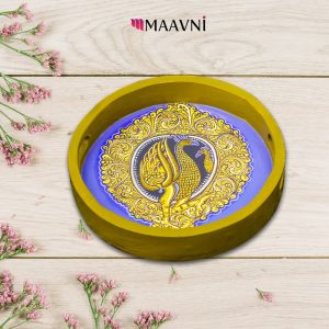 Hand-painted Pattachitra Peacock Design Round Tray Decor | Maavni