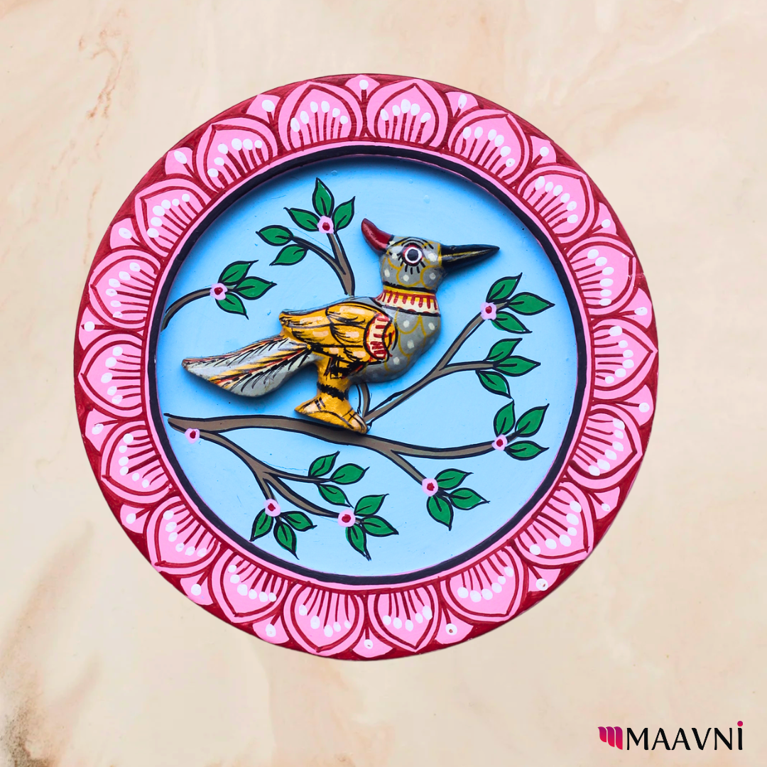 Hand-Painted Toy Pattachitra Wall Plate - Pink & Sky Blue