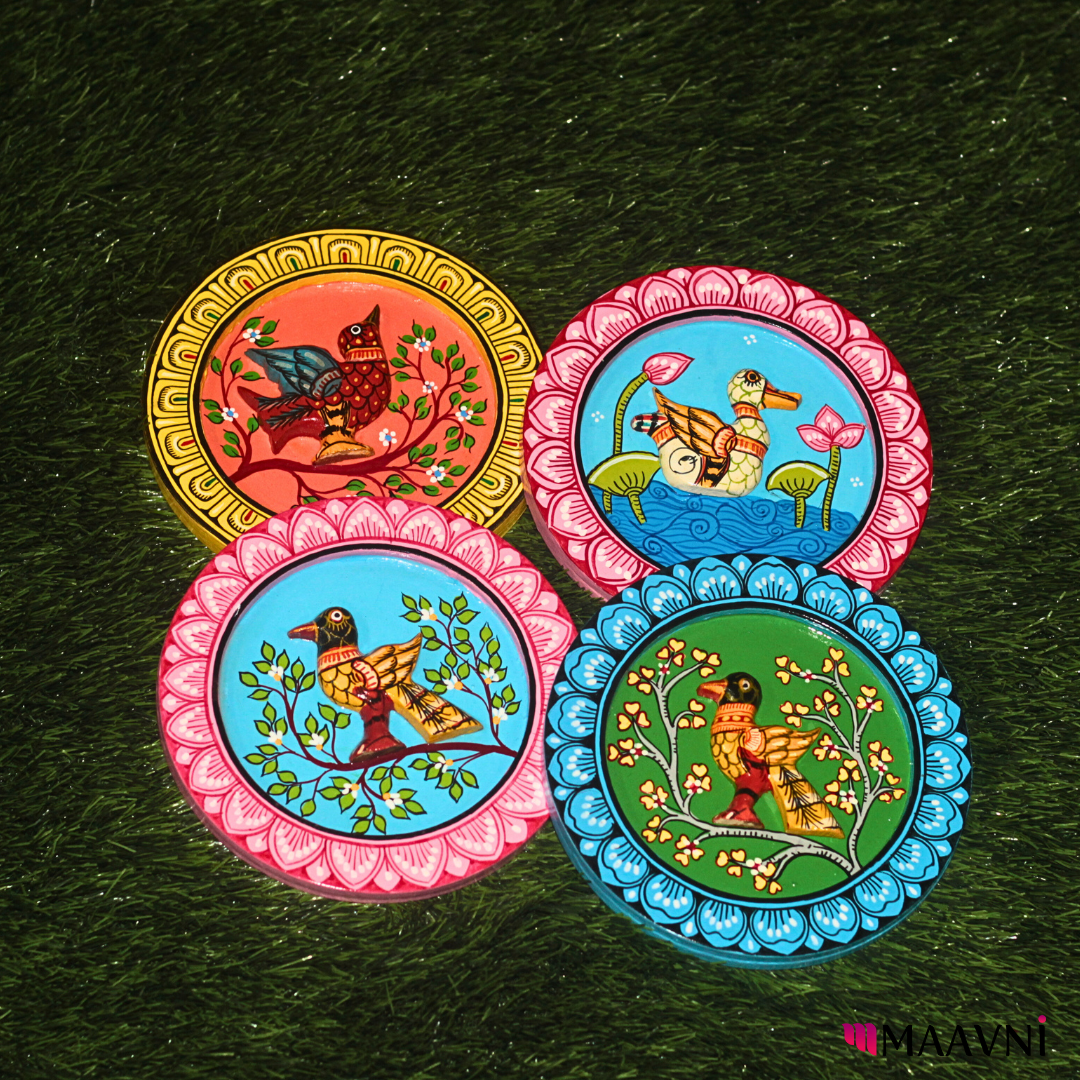 Hand-Painted Toy Pattachitra Wall Plate - Pink & Sky Blue - Image 3