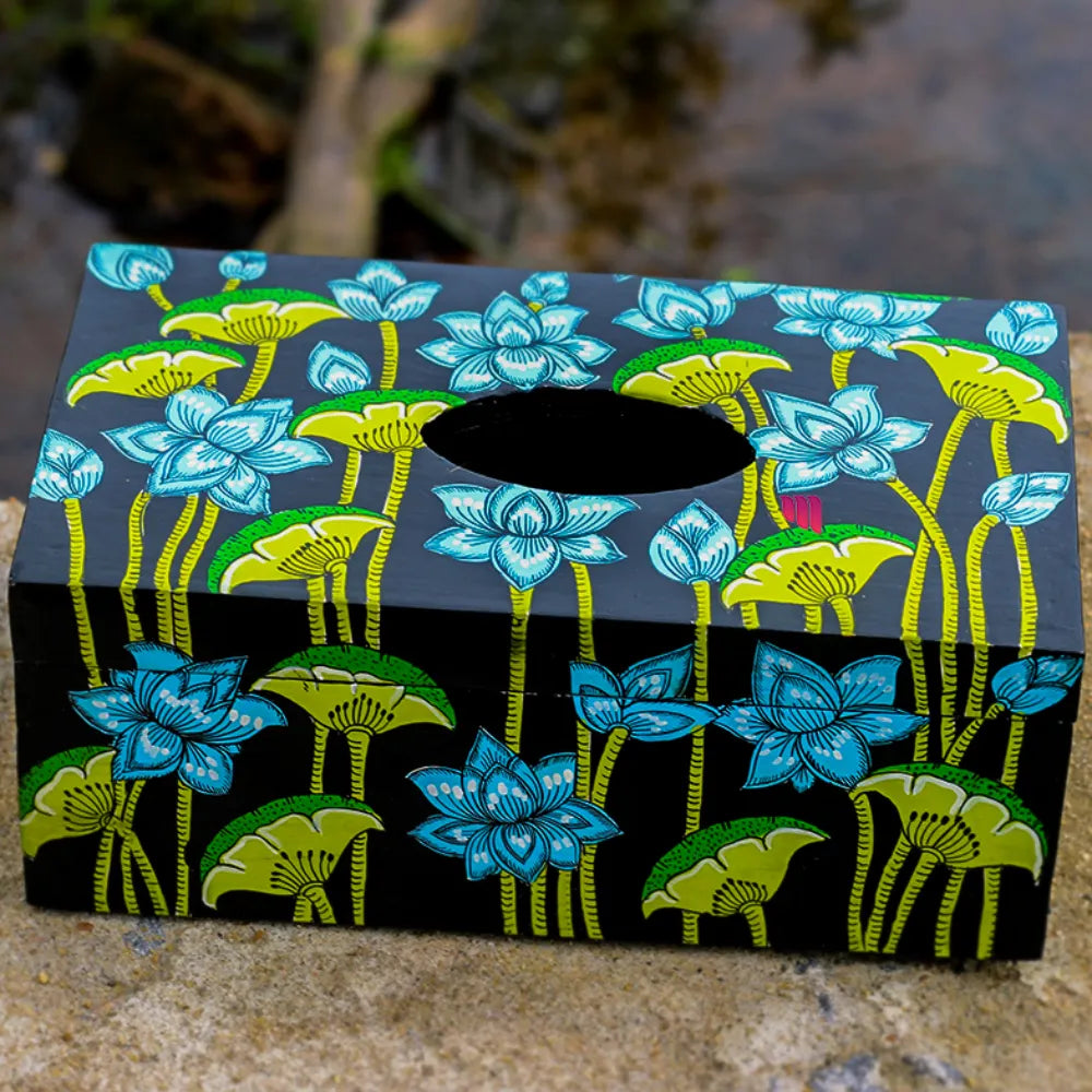 Hand-painted Pattachitra Lotus With Background Tissue Box Decor | - Image 2