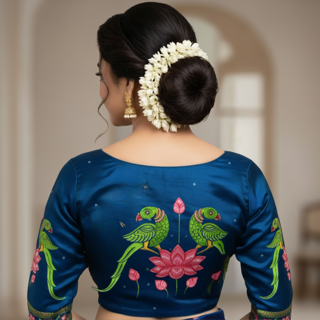 Hand-painted Pattachitra Parrot on Lotus Blouse - Image 2