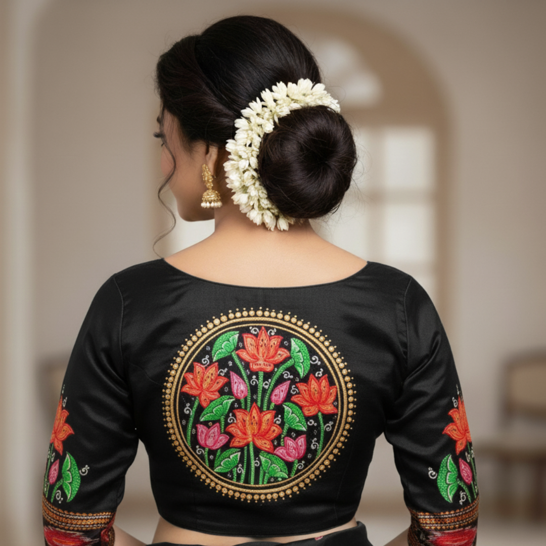 Hand-painted Pattachitra Lotus Theme With Lotus On Sleeve Blouse - Image 2