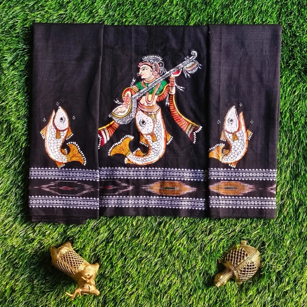 Hand-painted Pattachitra Matsya Kanya Blouse With Beena In Hands With Fish On Sleeves