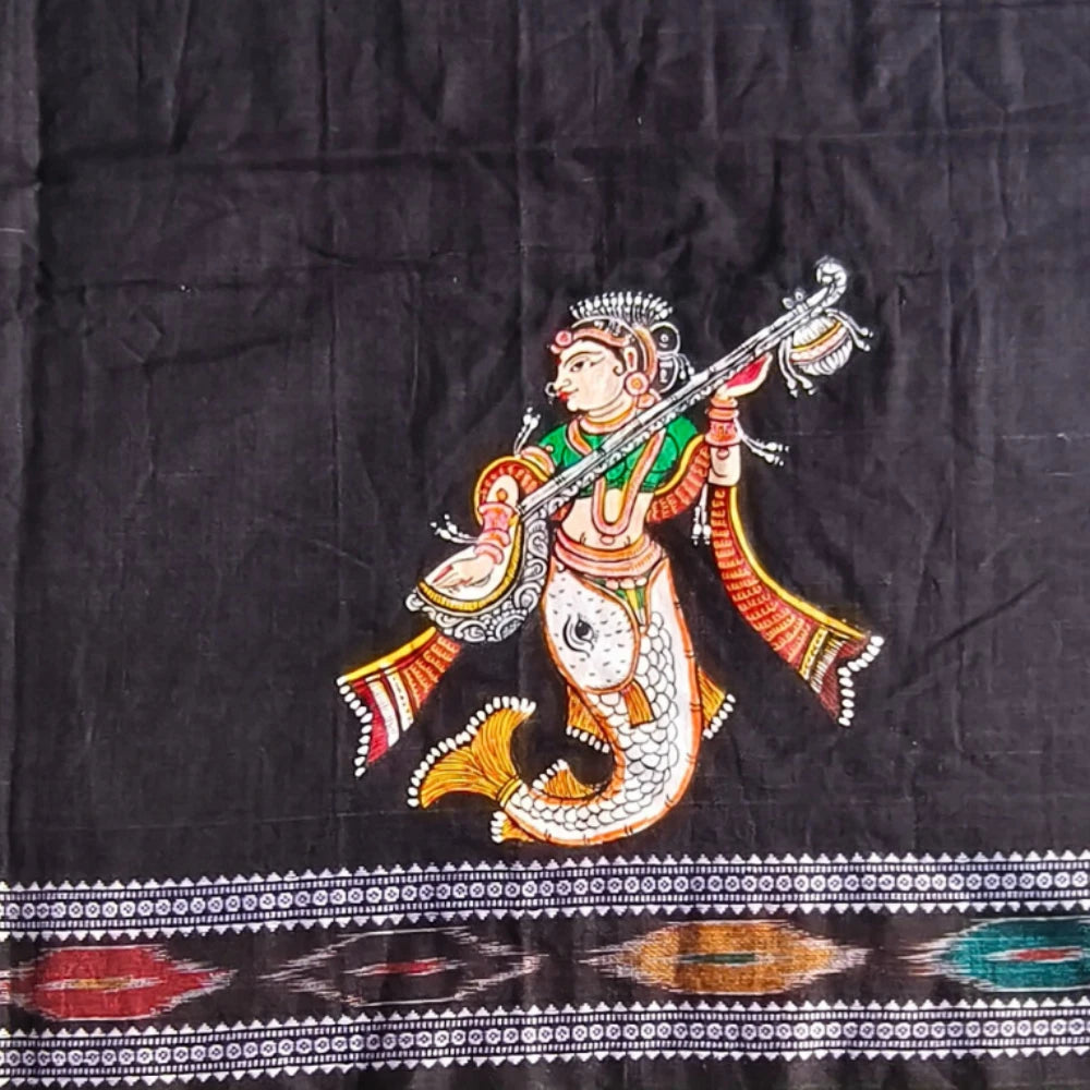 Hand-painted Pattachitra Matsya Kanya Blouse With Beena In Hands With Fish On Sleeves - Image 2