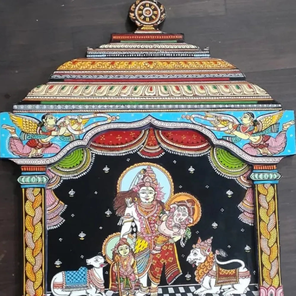 Hand-painted Pattachitra Temple Frame Shiva Parivar Decor | Maavni