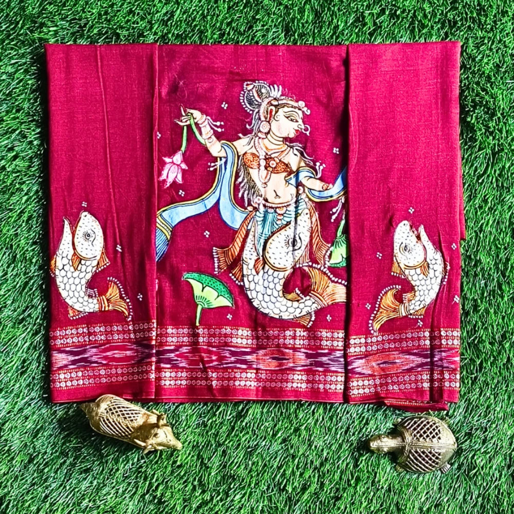 Hand-painted Pattachitra Matsya Kanya With Fish On Sleeves Blouse