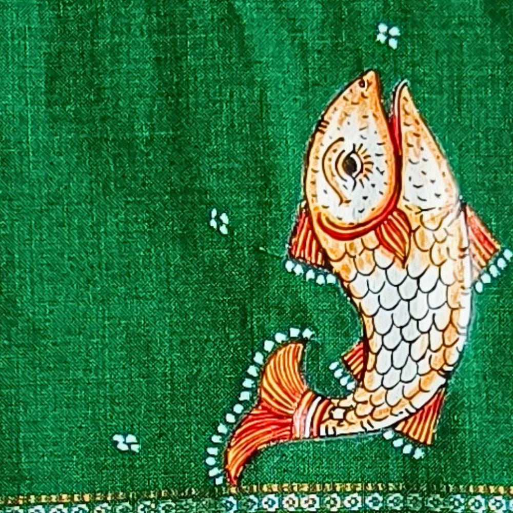 Hand-painted Pattachitra Blouse Piece – Matsya Kanya with Veena and Fish Motifs - Image 3