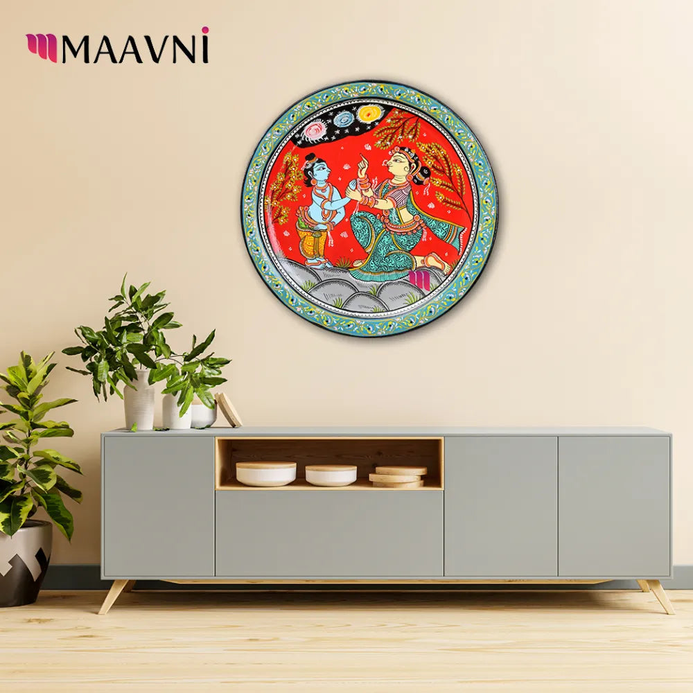 Hand-painted Pattachitra Krishna Yasoda Background Wall Plate | Maavni - Image 2