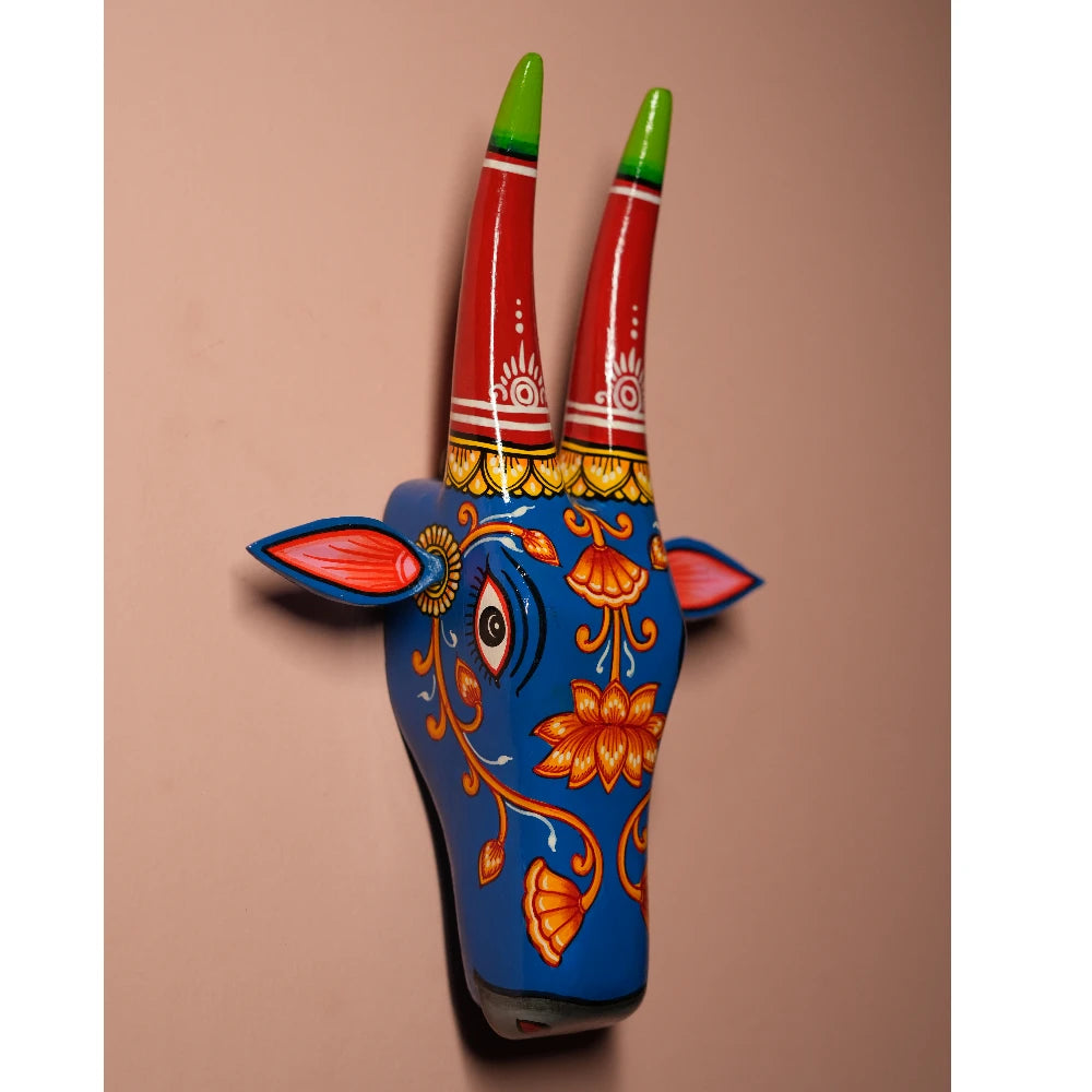 Hand-painted Pattachitra Cow Head Indigo Blue - Image 4