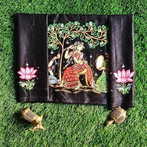 Hand-painted Pattachitra Lady Doing Shringaar with Lotus on Sleeves – Blouse Piece