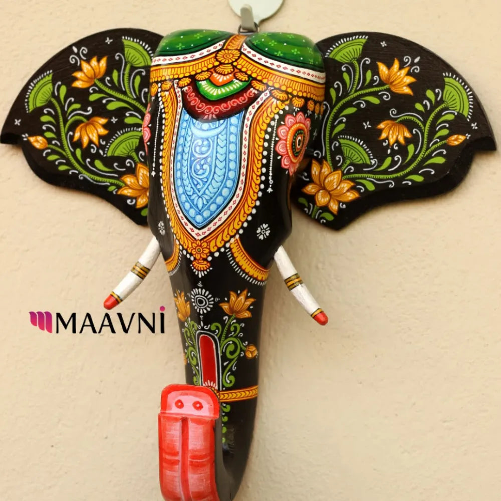 Hand-painted Pattachitra Lotus Design Elephant Head Decor | Maavni
