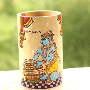 Hand-painted Pattachitra Krishna Eating Makhan Brush Painting | Maavni