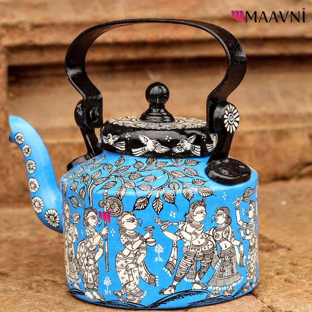 Hand-painted Pattachitra Krishna Raasleela Theme Sky Kettle | Maavni - Image 3