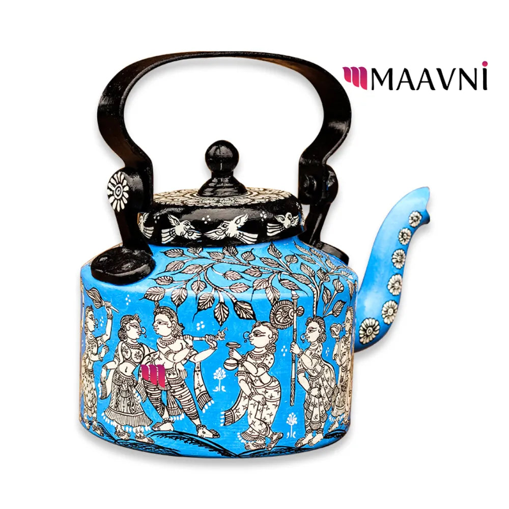 Hand-painted Pattachitra Krishna Raasleela Theme Sky Kettle | Maavni - Image 2