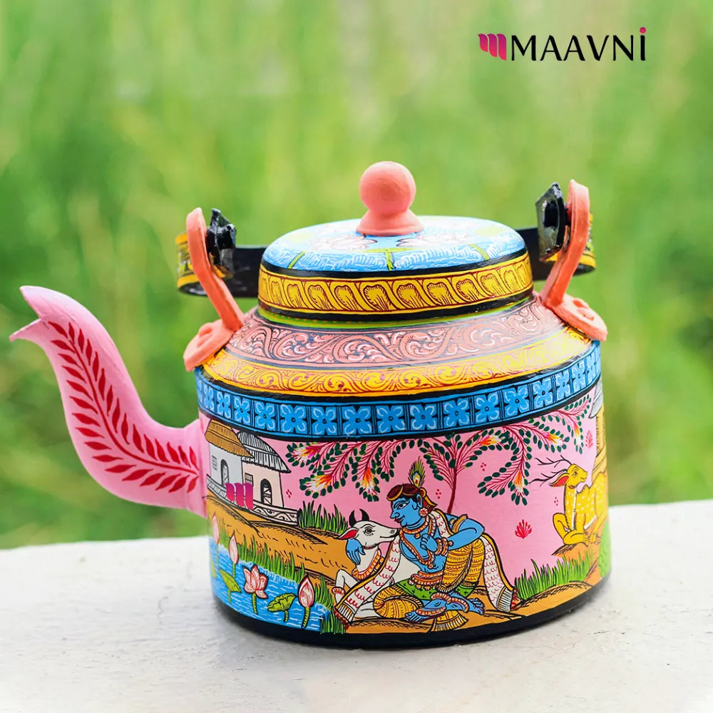 Hand-painted Pattachitra Krishna Leela Theme Kettle | Maavni - Image 3