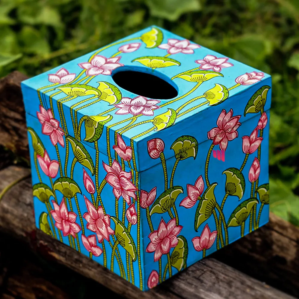 Hand-painted Pattachitra Lotus With Sky Background Tissue Box Decor | - Image 2