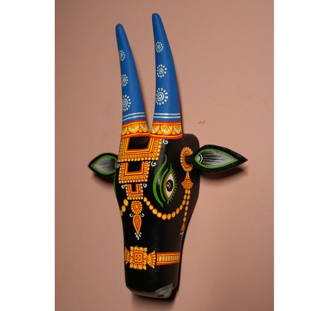 Hand-painted Pattachitra Cow Head border motif black and blue - Image 3